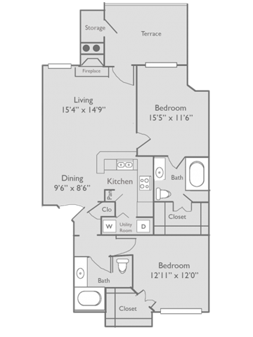 Floor plan for 2 beds, 2 baths, 1080 sqft